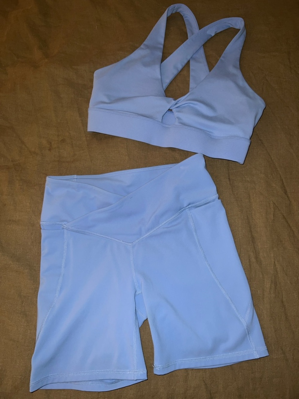 Fabletics Light Blue V-Waist Bike Shorts with Matching Sports Bra